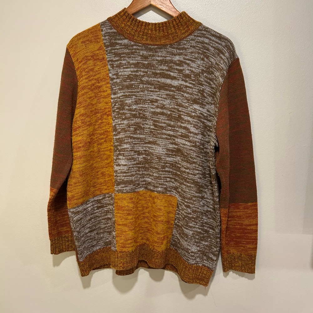 Vintage patchwork inspired mock neck knit sweater